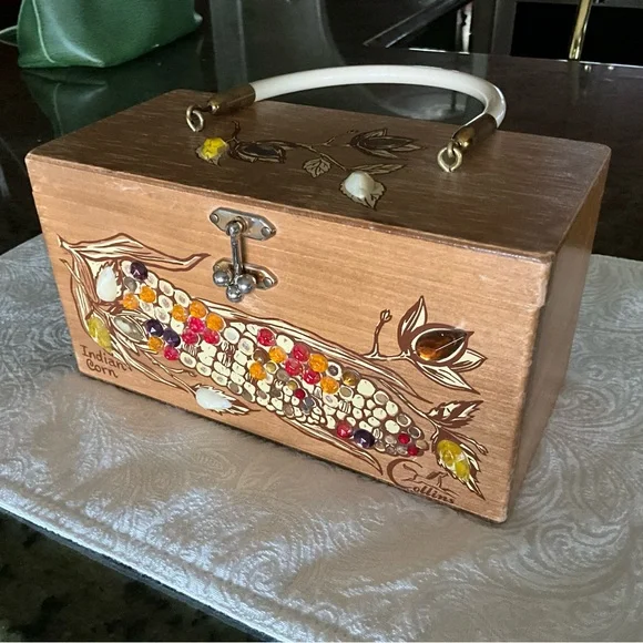 Vintage Enid Collins Texas Indian Corn Wood Box Purse Signed Mirror Inside - Picture 3 of 16
